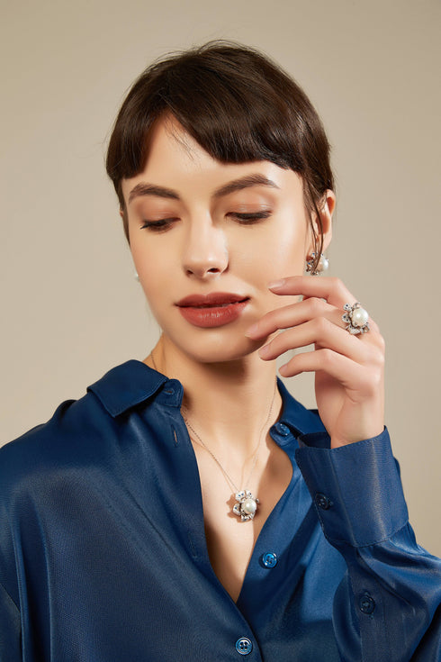 11-12mm Freshwater Pearl &  Full CZ Blue Gem Necklace - House Of Pearls